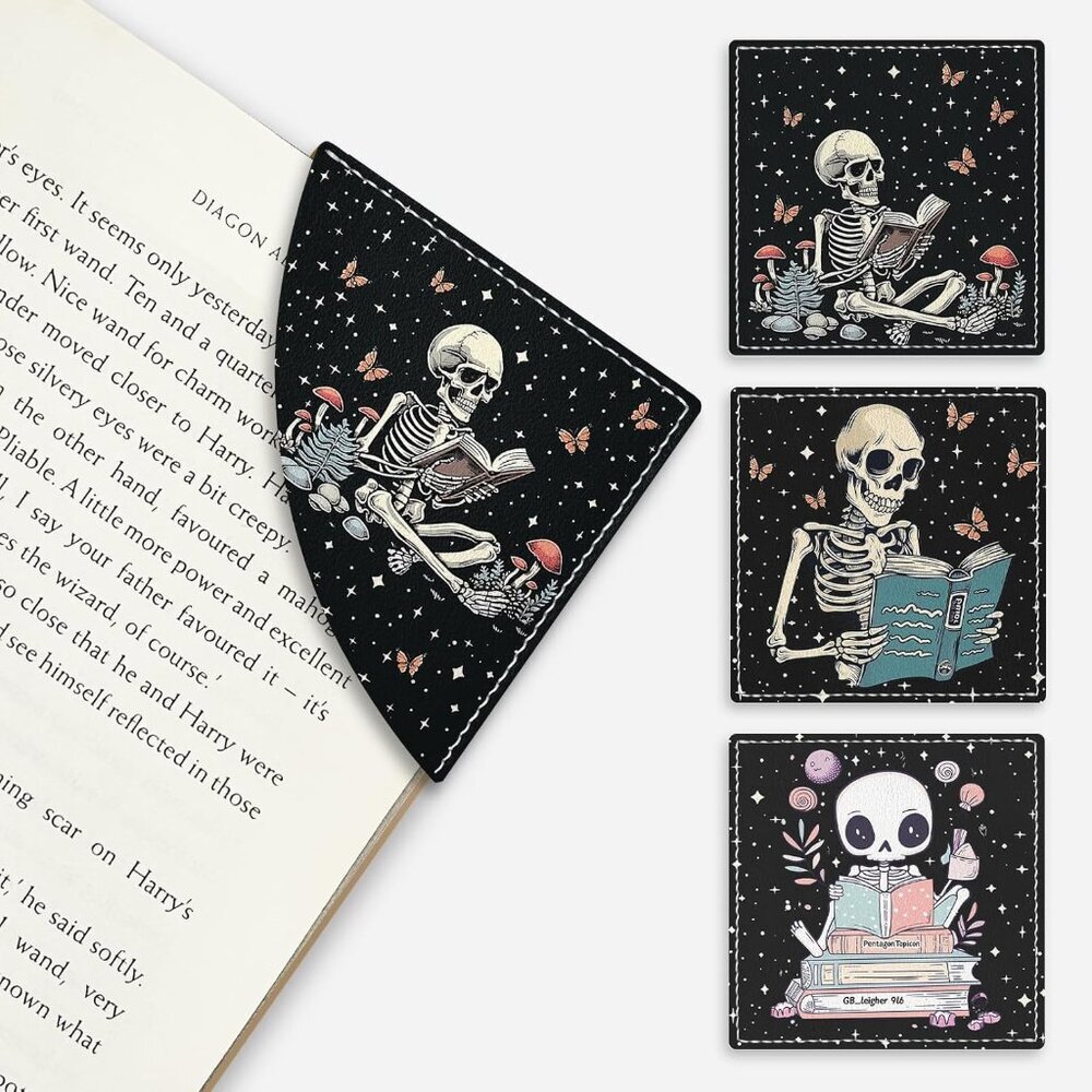 Skeleton Book Corner Bookmarks, Funny Leather Book Accessories for Book Lovers,